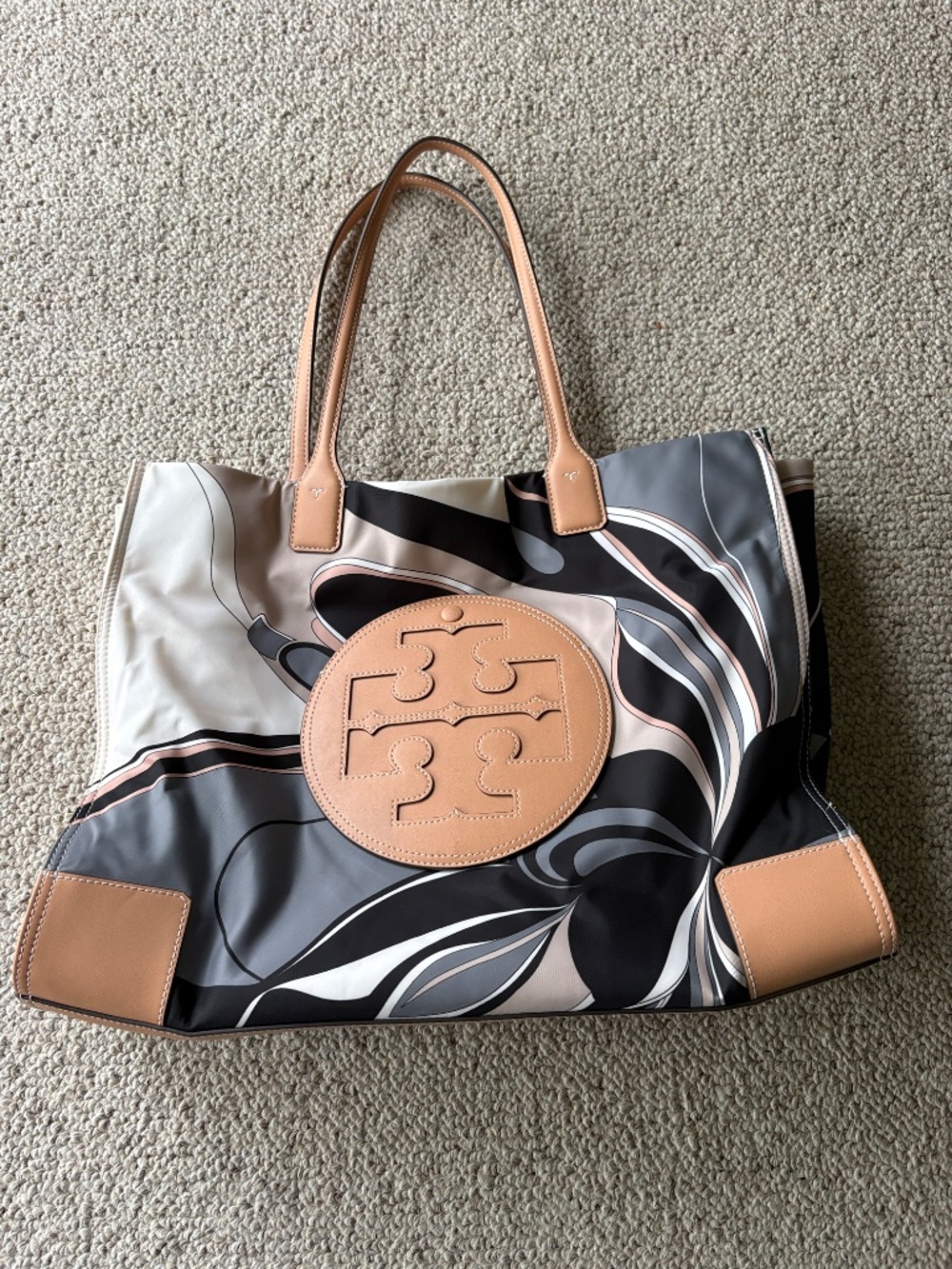 Tory Burch Ella Tote Neutral Tulip Swirl Print Large Laptop Work Travel Bag - Picture 2 of 10